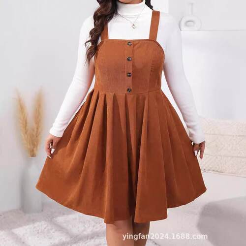 Plus Size Button Decor Pleated Pinafore ALine Dress Casual