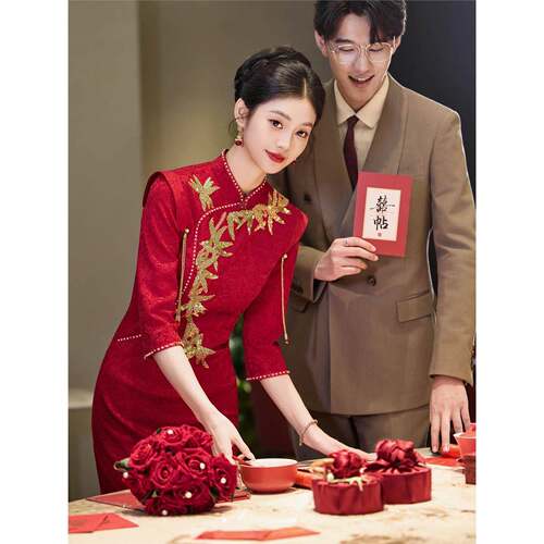 Ocnltiy红色敬酒服新娘旗袍新中式订婚礼服裙结婚衣服绝美中袖女