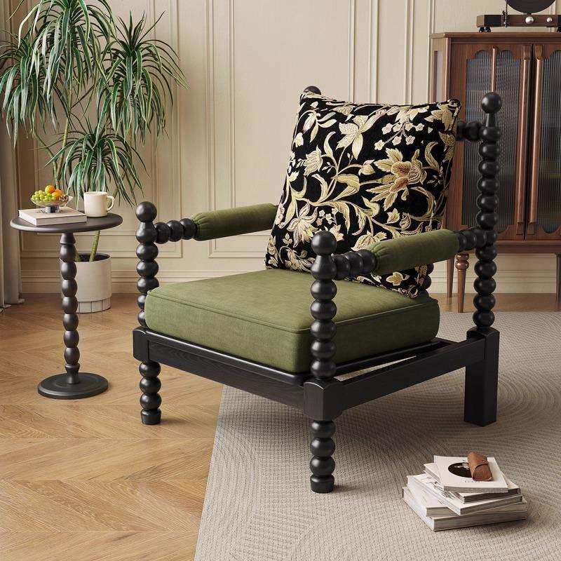 法式中古风实木沙发椅家用客厅卧室珍珠椅休闲单人椅阳台懒人沙发