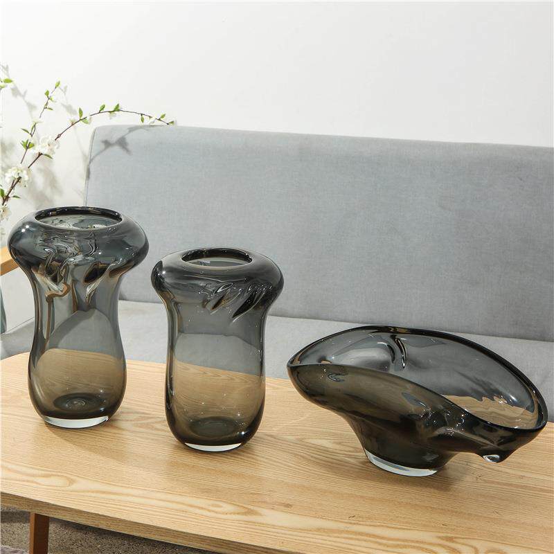 现代灰色轻奢玻璃花瓶家居样板房果盘工艺品现代简约客厅套装摆件