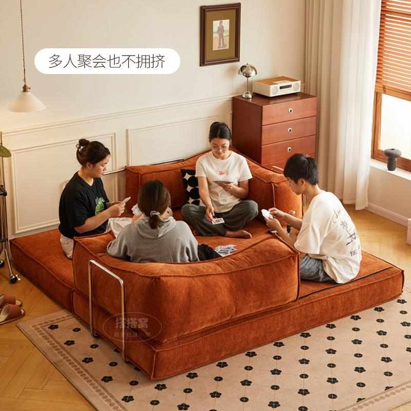 新款中古风布艺沙发小户型客厅家用模块丁双人直排折叠两用复古沙