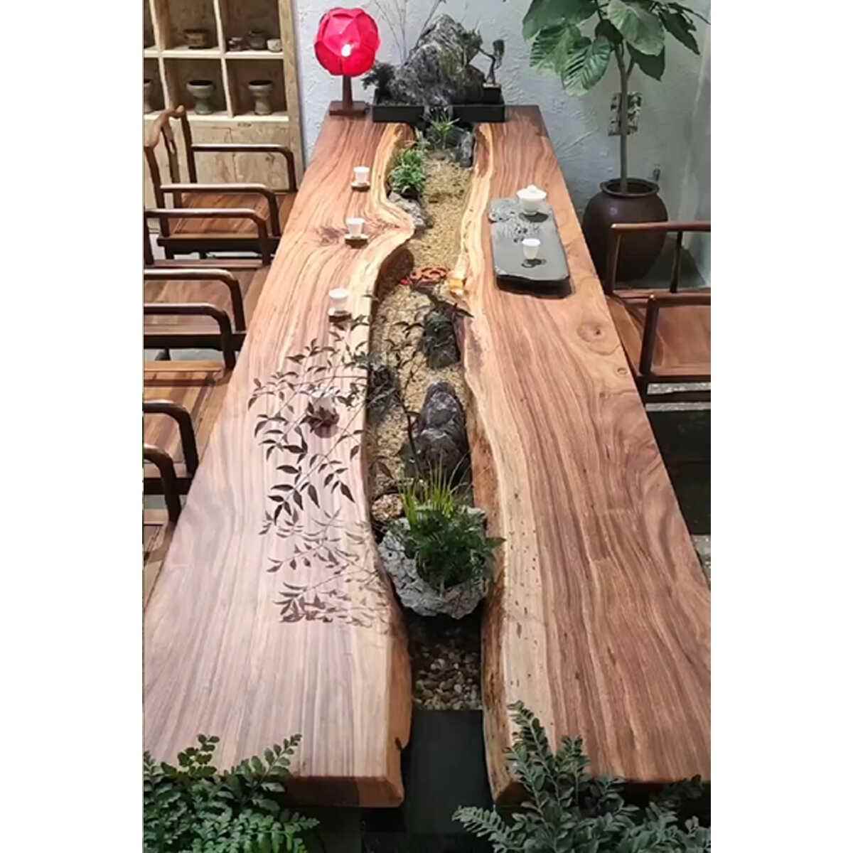 高档循环流水景茶桌一体观台流养鱼创意新中式实茶木曲水觞桌椅长