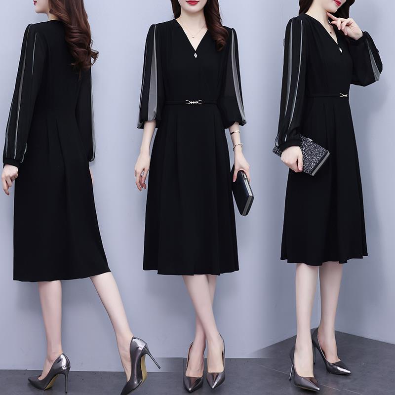ROUMIKL黑色长袖洋装女士早秋2025年新款气质中年妈妈洋派显瘦收