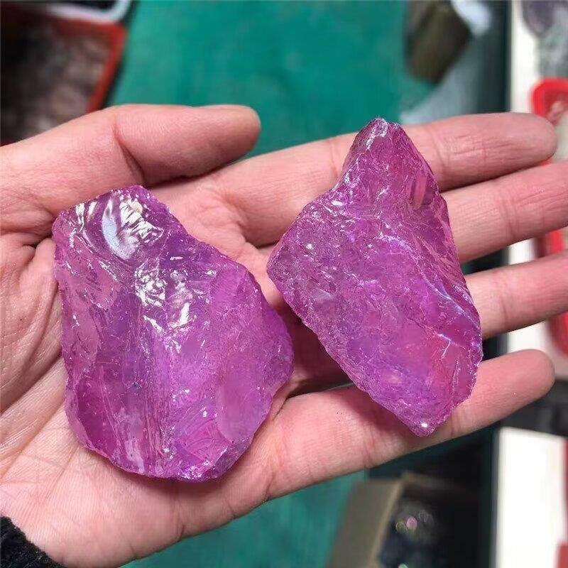 彩色电镀玫红色紫色蓝色水晶原石大块碎石 水晶矿物原石摆设