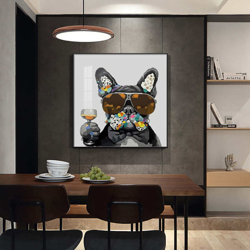 现代简约餐厅装饰画饭厅墙面挂画潮牌轻奢创意卧室玄关酒杯狗壁画图片