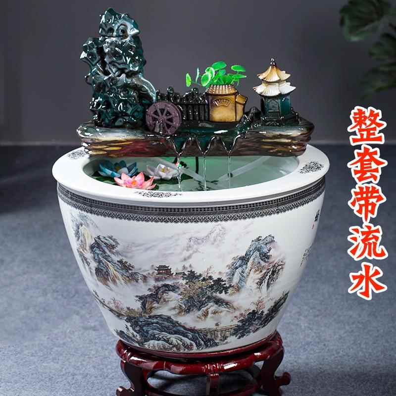 景德镇陶瓷鱼缸特大号过滤循环流水器养鱼客厅摆件喷泉荷花睡莲盆