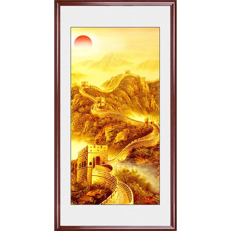 中式玄关竖版装饰画金色长城画靠山图大气国画办公室客厅走廊壁画