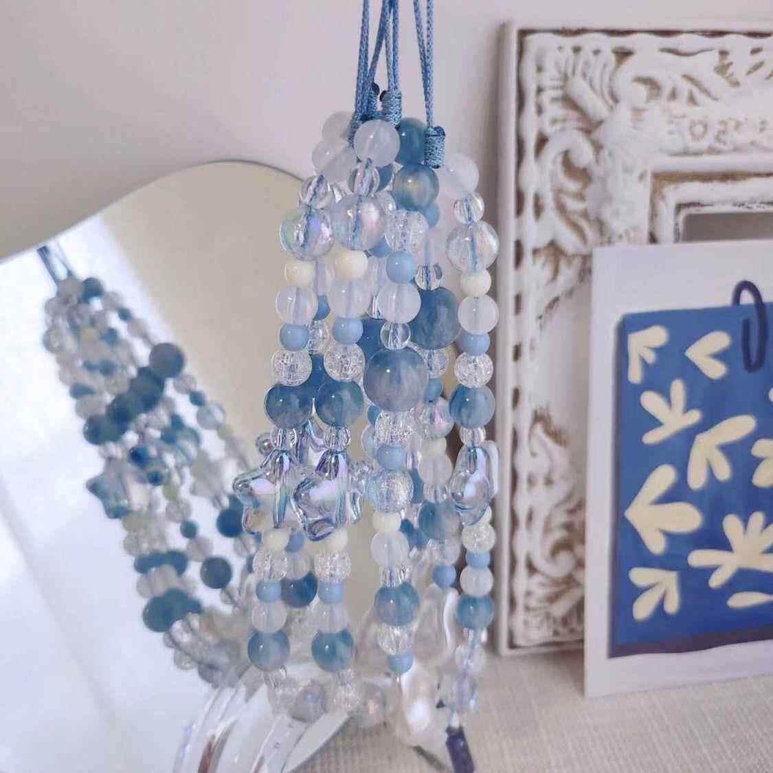 ins风夏日蓝色星海串珠手机挂绳通用手工相机挂链手腕式便携潮款