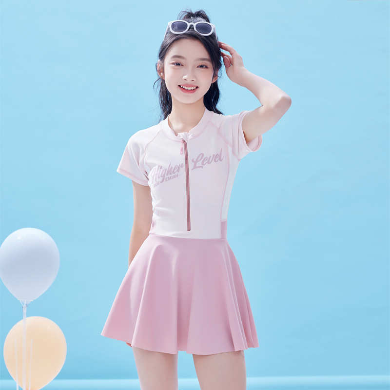 新款儿童运动泳衣女童中大童裙式平角裤泳装学生小女孩连体游泳衣