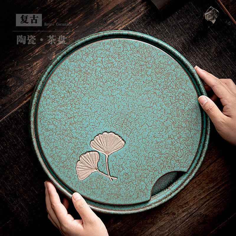 新款直销复古陶瓷茶盘大号功夫茶具泡茶台家用圆形干泡盘储水式茶