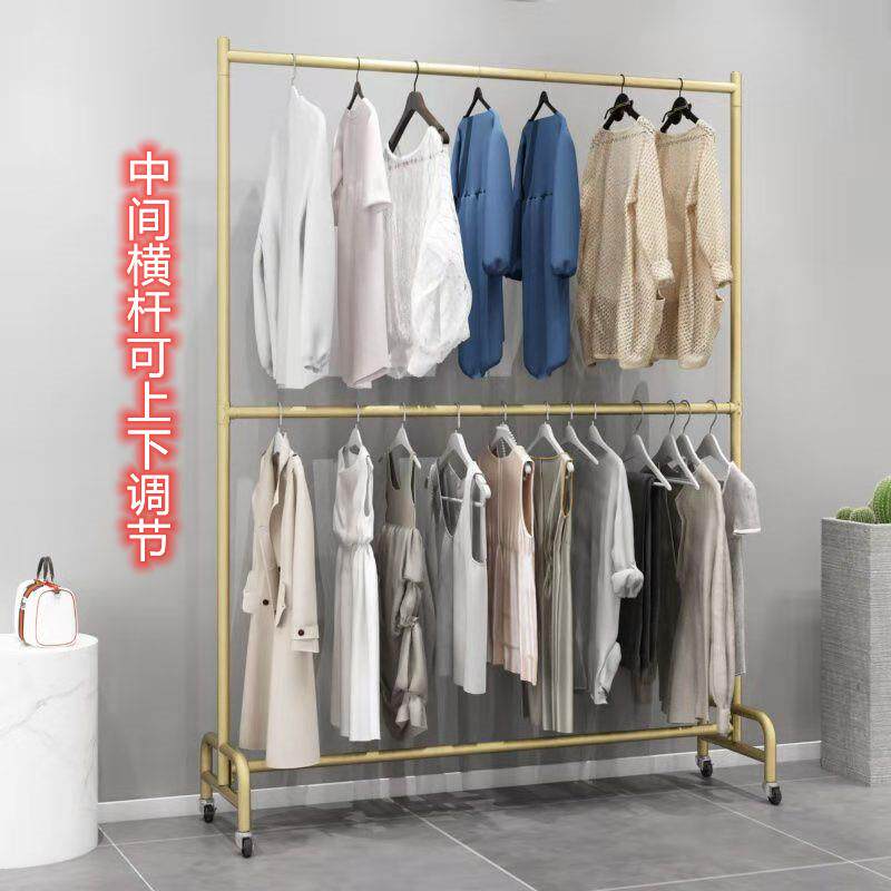 服装店双层挂衣架可升降调节童装双杆展示架阳台衣服晾嗮衣架带轮
