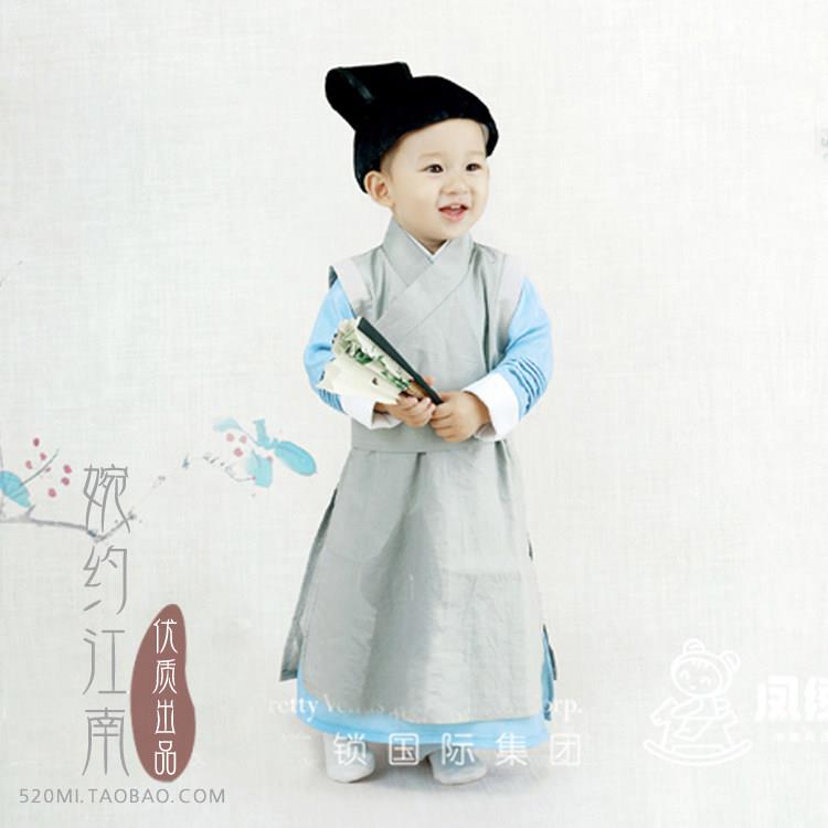 儿童书童表演服装男童古装汉服凤绫演出服国学书童幼儿诗人书生装