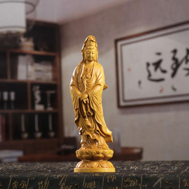 黄杨木雕摆件中式家居客厅木质雕刻手工艺品佛像拿珠观音菩萨