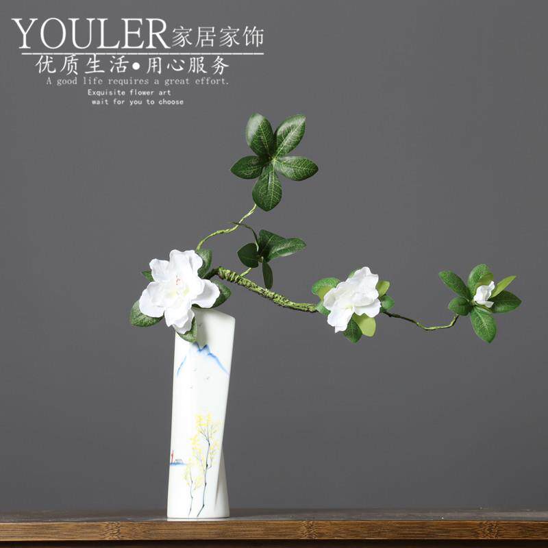 中式禅意仿真花杜鹃花假花书卷陶瓷花瓶套装书房茶几摆件插花装饰