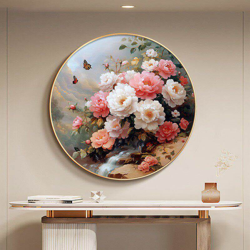 牡丹花圆形玄关挂画新中式花开富贵客厅装饰画餐厅主次卧床头壁画