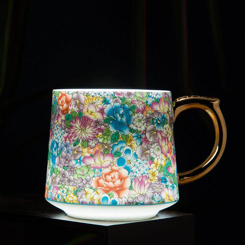万花珐瑯彩陶瓷茶杯茶水分离杯子家用带盖子茶漏中式大容量杯景德