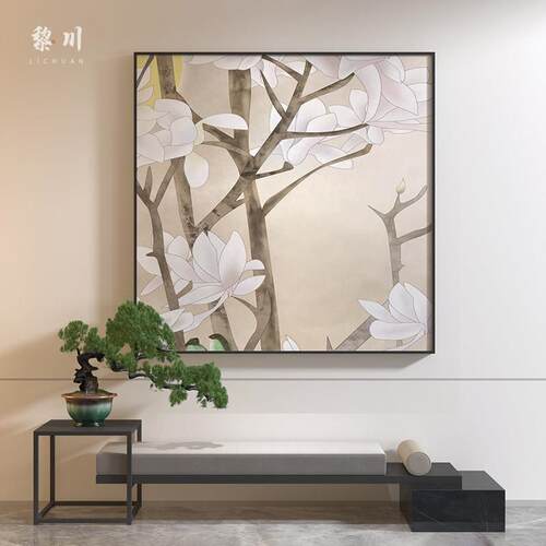 新中式走廊过道温馨玉兰花客厅装饰画入户玄关壁画茶室方形挂画
