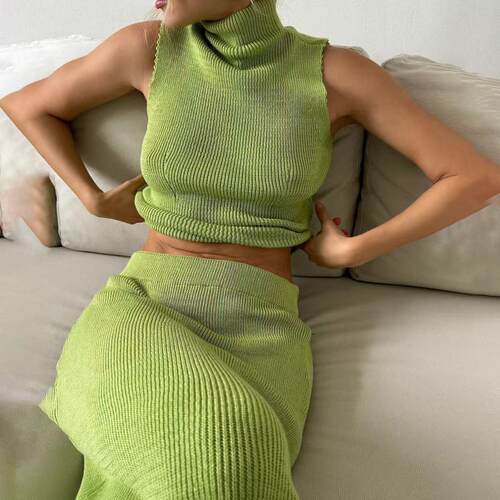 High neck green double salt sweet knitting high neck vest