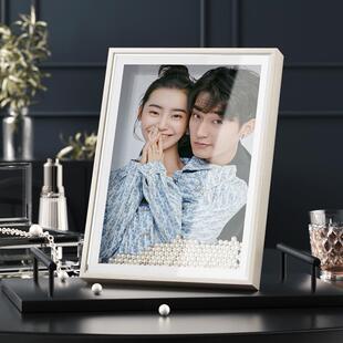 直销新款双玻璃木质珍珠相框摆件摆台长方形结婚照相框创意爱意现