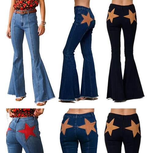 Ladies' mid waist elastic patchwork pentagram patch denim