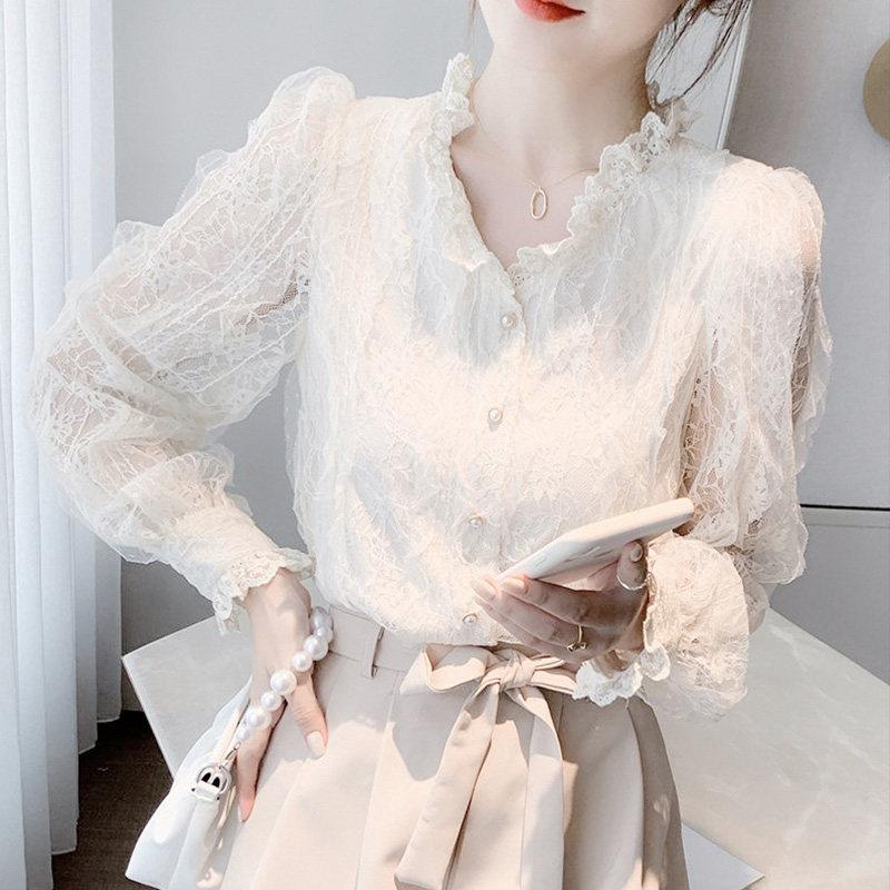 春秋法式小众上衣女内搭设计感甜美温柔风蕾丝衫仙女长袖雪纺衬衫