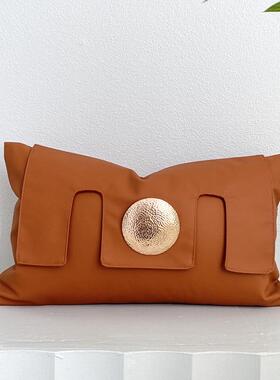 橘色橙色PU皮革金色大碗装饰腰枕长方形30*50轻奢新中式沙发靠枕