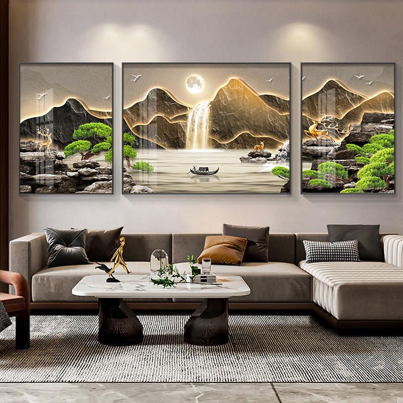 轻奢2026客厅装饰画沙发背景挂画三联画山水画大气高级感壁画