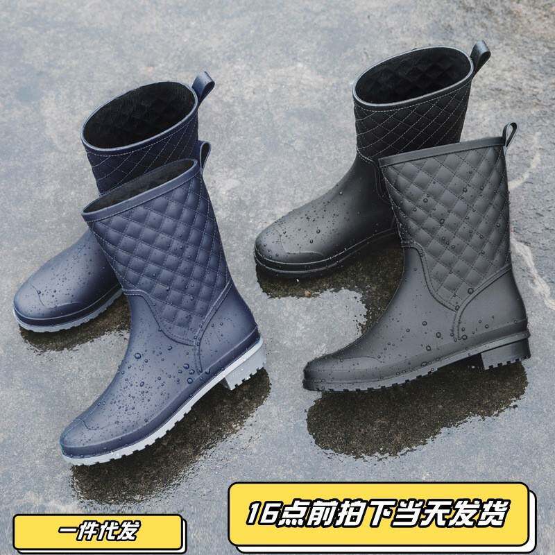 一次成型女士中筒防滑雨鞋塑胶防水雨靴格子款外穿水鞋卖鱼穿水靴