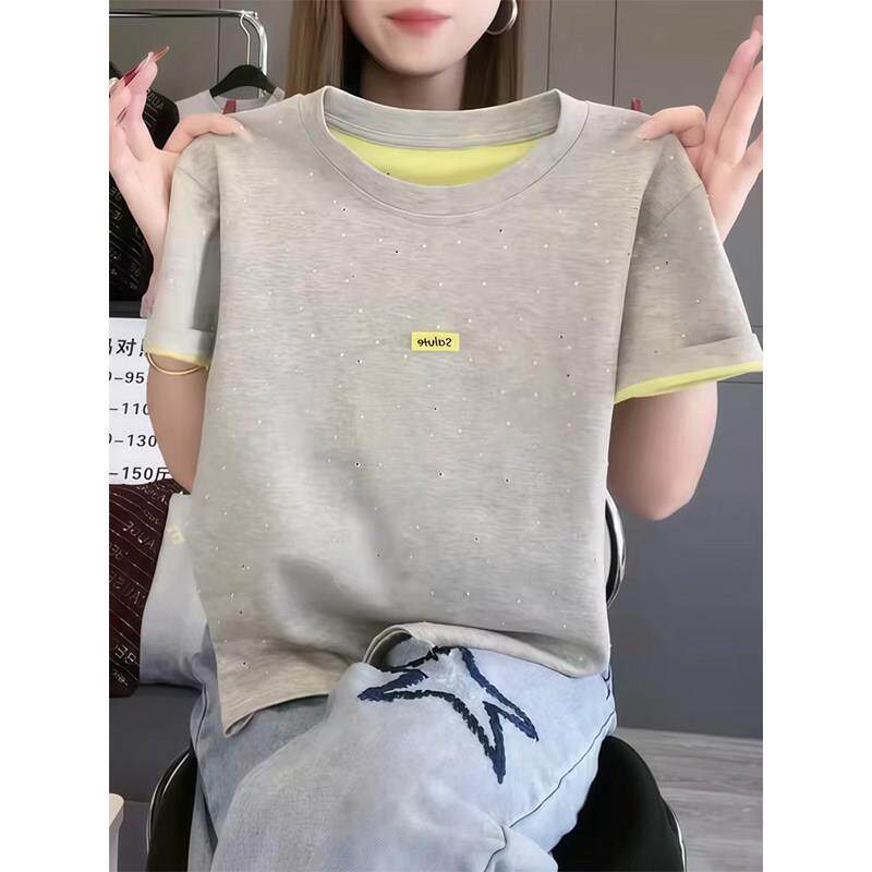 灰色正肩圆领短袖T恤女夏季欧货时尚宽松显瘦烫钻撞色百搭款上衣