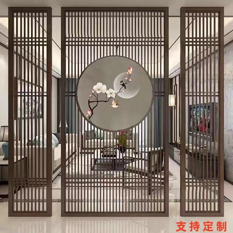 新中式木纹铁艺隔断屏风客厅入户门遮挡玄关不锈钢办公室饭厅装饰