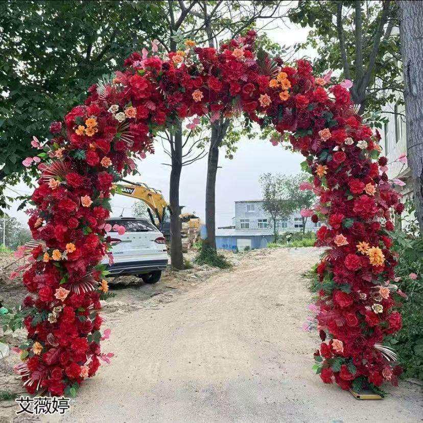 铁艺双杆婚庆拱门架子舞台布置仿真花扎花婚礼场景装饰背景门型