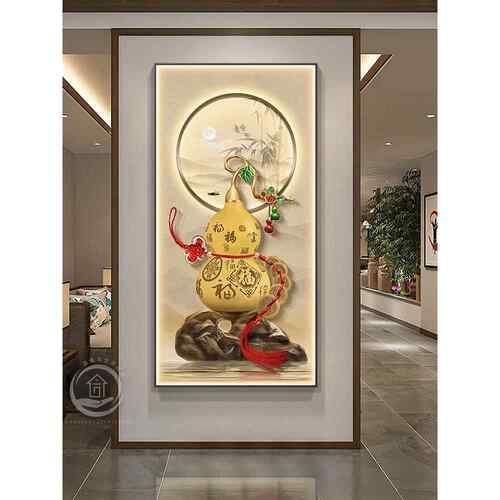新中式葫芦玄关装饰画入门五帝钱寓意挂画走廊过道大气国风壁画灯