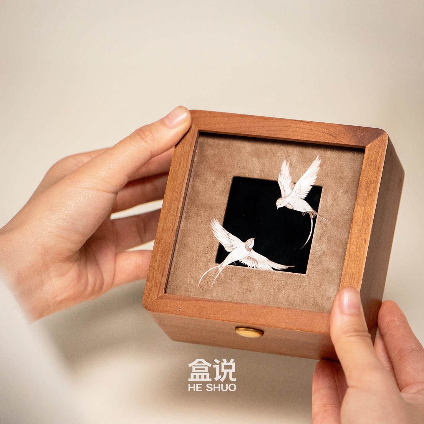 木质首饰盒宋代美学国风雀逅水晶蜜蜡文玩手串收纳精致盒便携出差