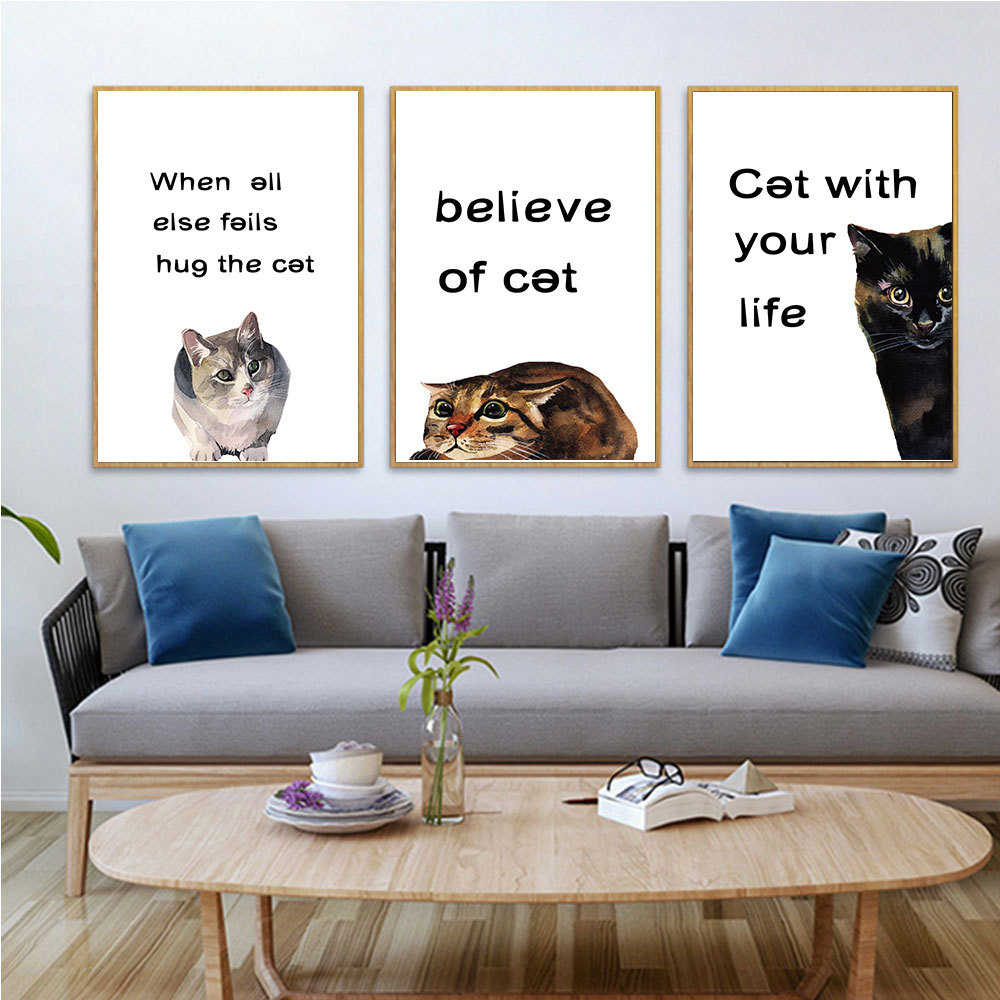 新品北欧小清新水彩英文猫咪现代装饰画宠物店办公室挂画三联画