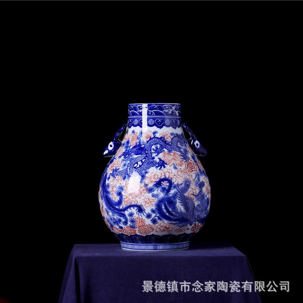 手工仿古釉中彩青花釉里红双耳龙凤福筒陶瓷花瓶古装影视装饰摆件