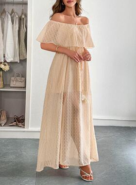 Strapless waist cinched short sleeved women's long dress,