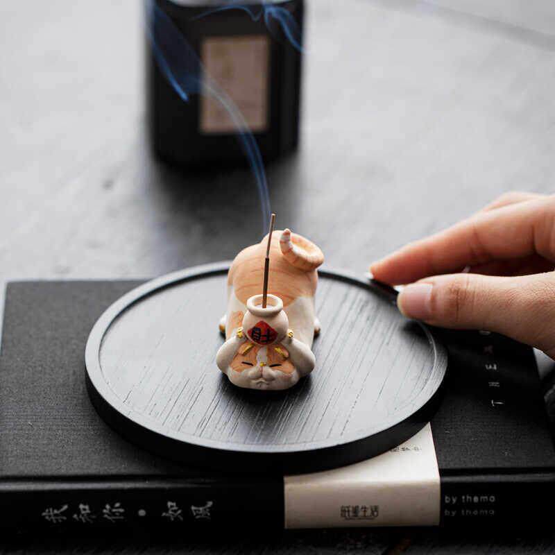 原创手作小猫咪陶瓷香插摆件茶宠可爱招财猫家用线 线香托 托香盘