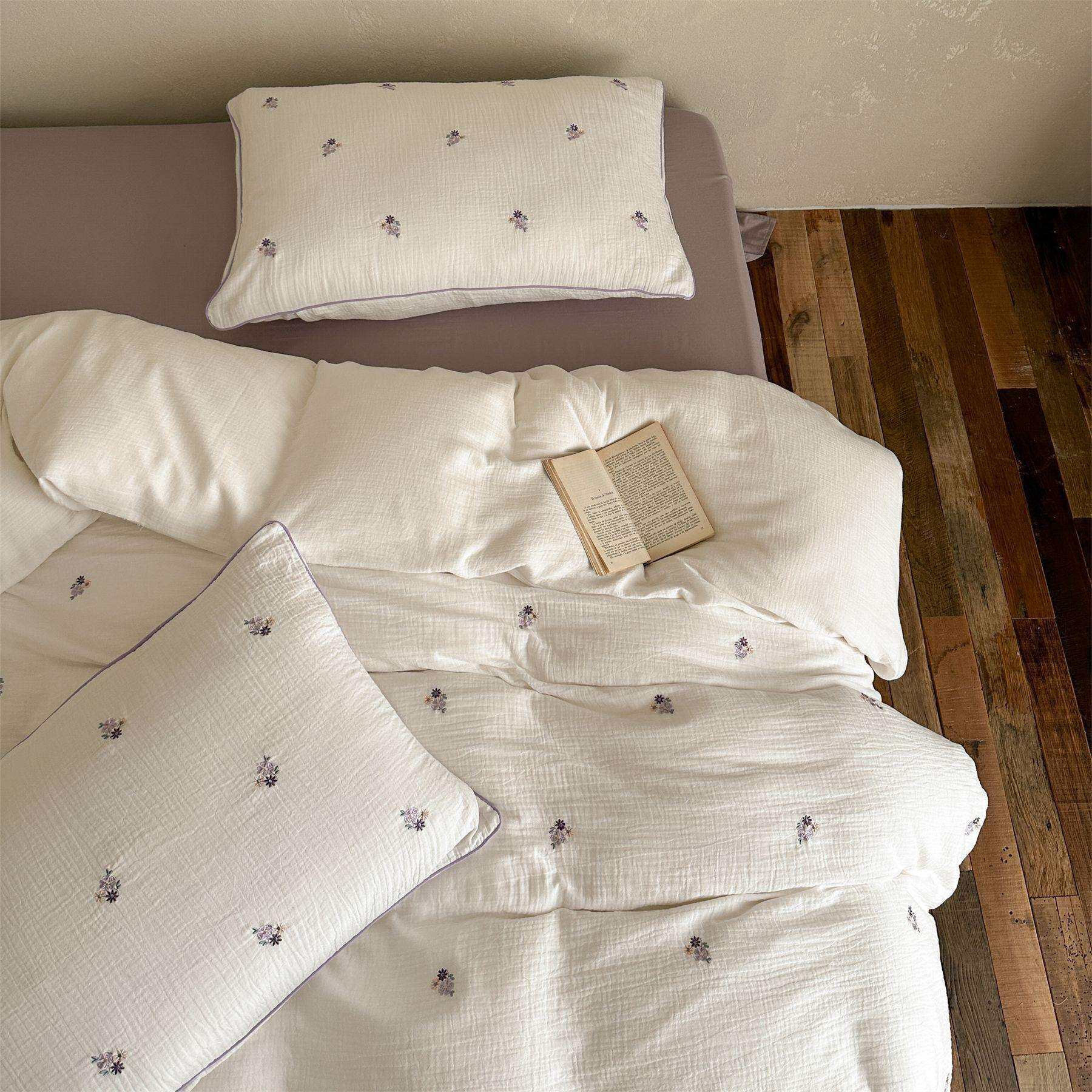 法式复古小碎花刺绣全棉皱皱双层纱四件套田园风简约双人床上用品