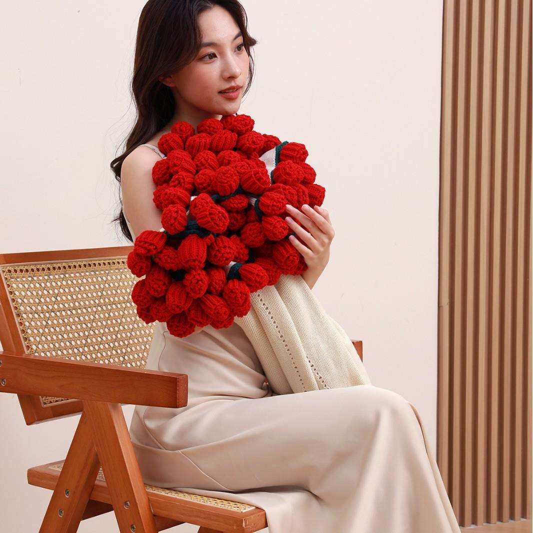 爆款玫瑰花束毯子成品创意家居装饰圆形盖毯午睡毛毯现货成品编织