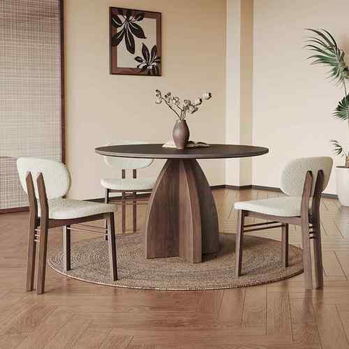 北欧实木圆桌带转盘家用胡桃色简约现代洽谈桌侘寂风黑色岩板餐桌