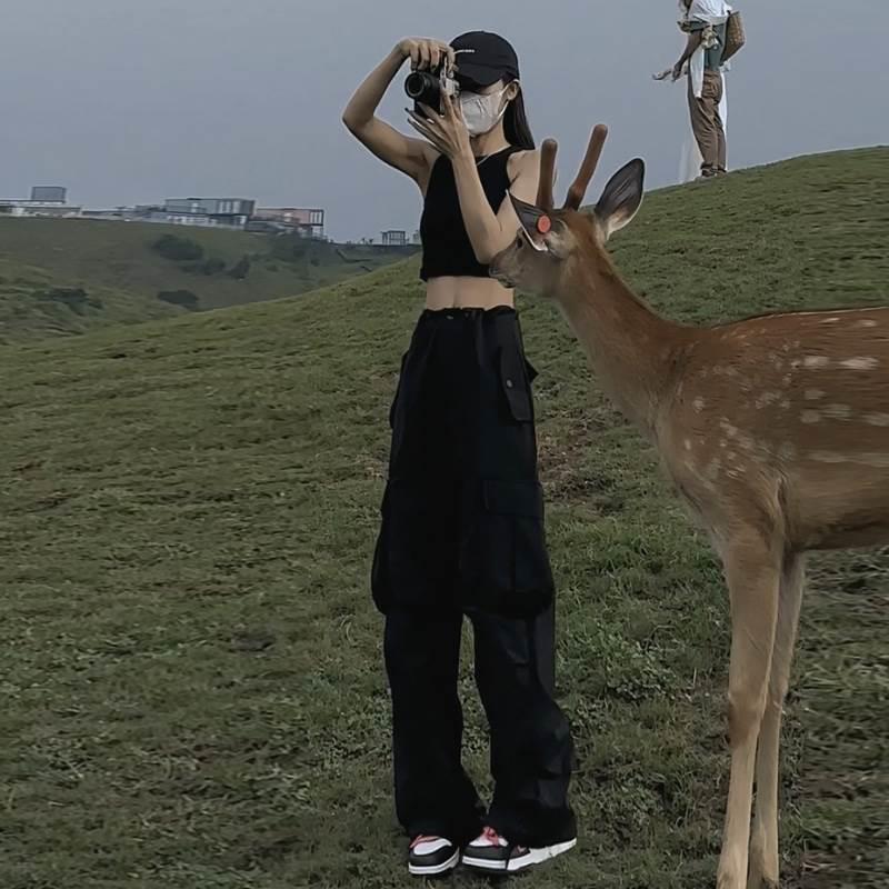 美式黑色工装裤女春秋欧货小个子阔腿裤宽松速干登山裤冲锋长裤子