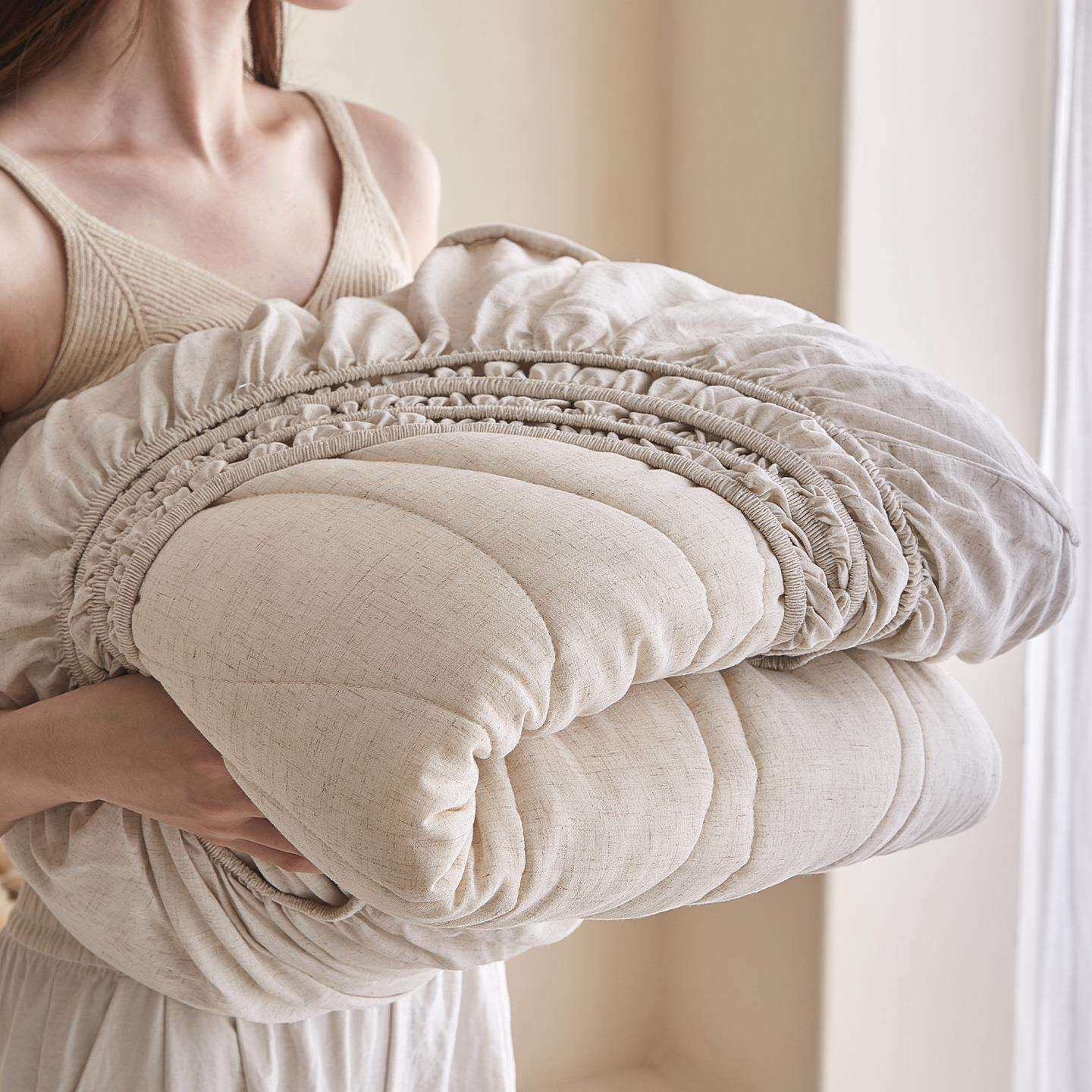 A类波浪纹夹棉绗绣天丝棉麻床笠 席梦思床垫保护套床罩套子