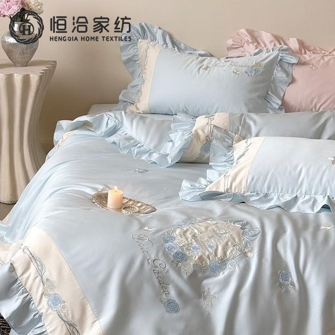 法式少女心高支全棉四件套唯美花卉刺绣纯棉拼接被套床上用品粉色