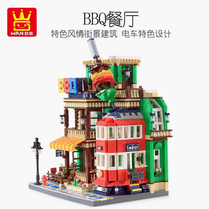 万格新品BBQ电车餐厅兼容小颗粒拼装积木建筑系列城市街景6313