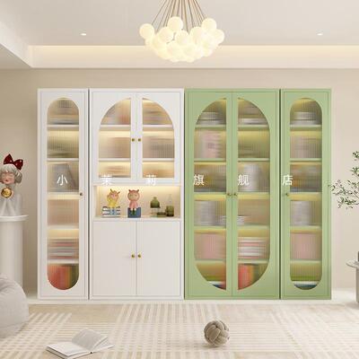 W8奶油风铁艺书柜玻璃门客厅置物柜简约家用收纳展示柜储物柜落地