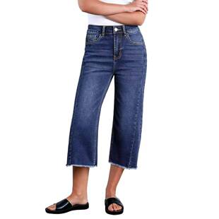 womens capri jeans high waisted wide leg stretchy raw hem