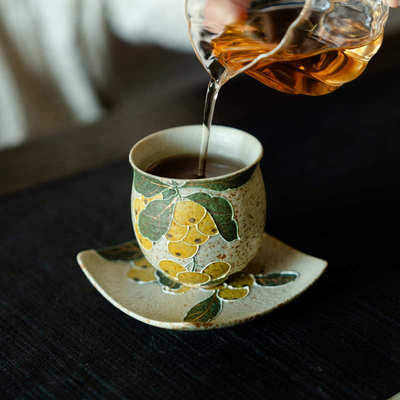 青花火石红茶杯带杯垫家用堆雕福禄双全大容量主人杯功夫茶具