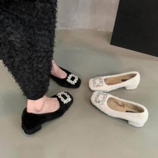 香港气质水钻高跟单鞋加绒毛毛鞋秋季一脚蹬时尚韩版女鞋黑色鞋子