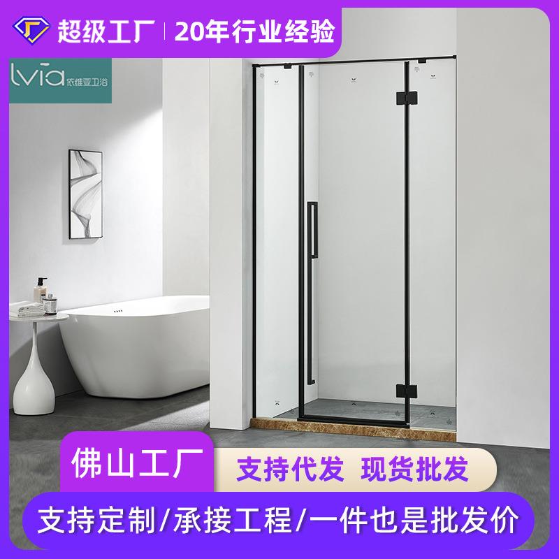 北欧黑色简约边框一字型浴室玻璃隔断 平开门浴室淋浴房干湿分离