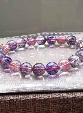 天然超七云母手链金草莓晶紫红黑发晶圆珠手串男女规格9mm左右